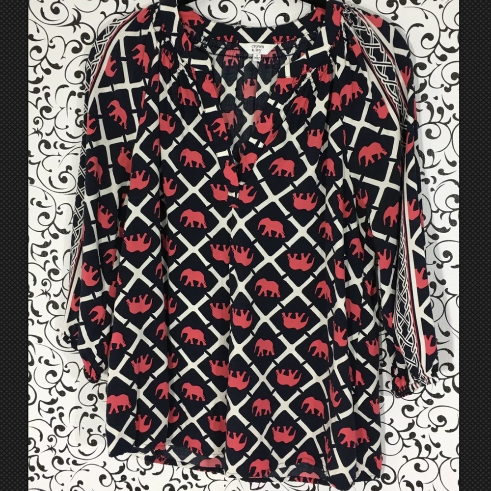 Crown and Ivy Elephant Print  V-Neck Pheasant Blouse